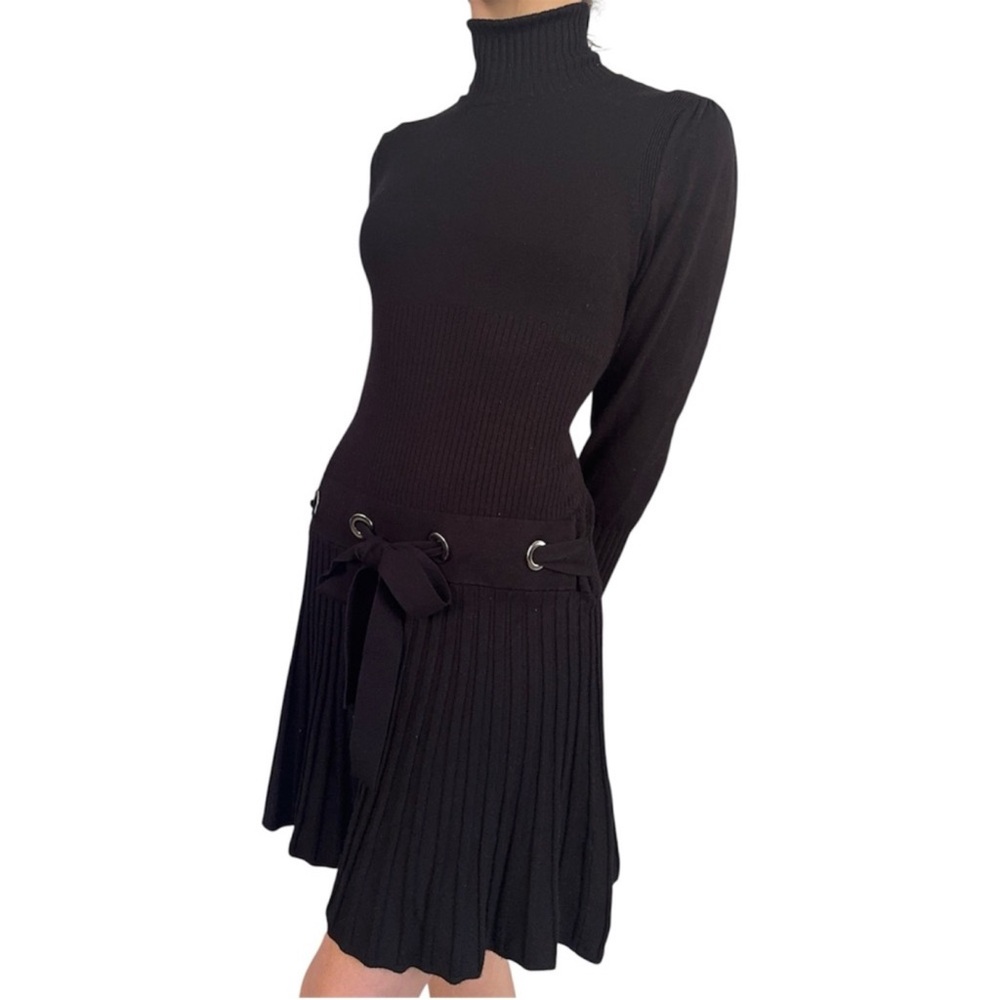 2000s Venus Drop Waist Micro Pleat Turtle Neck Grommets Tie Sweater Dress XL - Picture 2 of 16